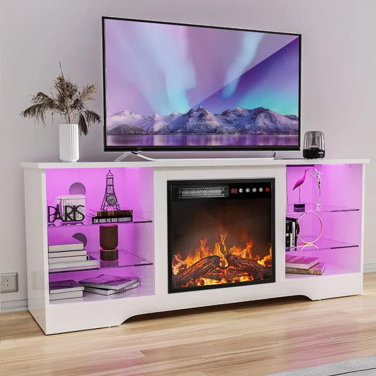 Ali Fireplace TV Stand with 18''Fireplace, Modern Entertainment Center for TVs up to 65 inch, Media TV Console with Adjustable Glass