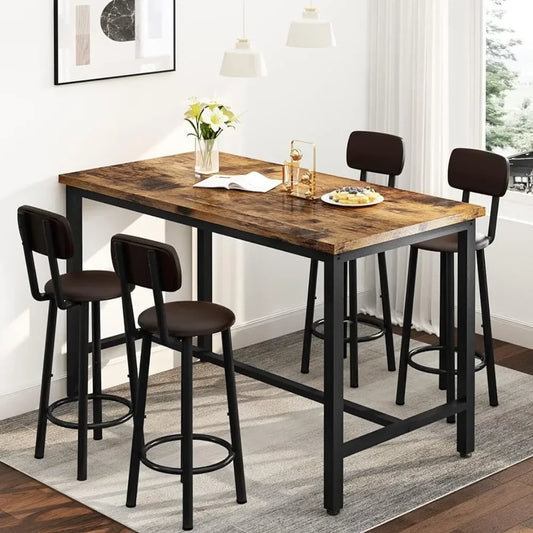 Ali Table and Chairs Set Industrial Wood Kitchen Dining Tables Height with 4 PU Upholstered with Backrest 5 Pieces Home Kitchen Set