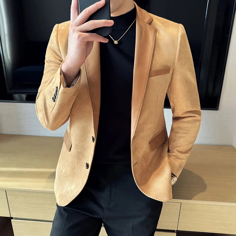 Ali Men's Blazers 2023 High Quality Handsome Fashion Business Casual Suede Leather Matching Suit Korean Version Handsome Fashion Suit