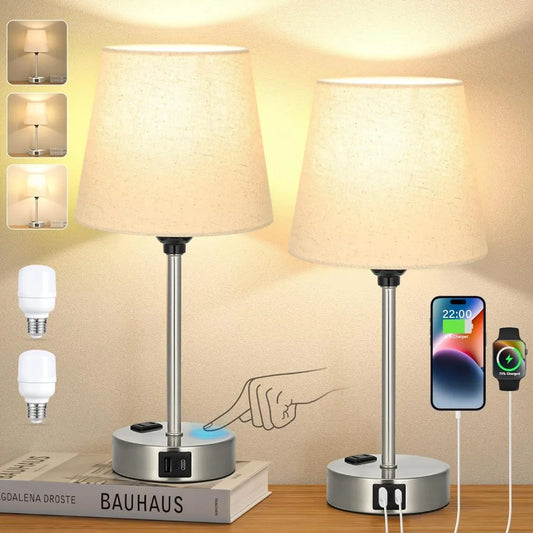 Ali Table Lamps for Bedrooms Set of 2 Nightstand Lamp with USB C Port and AC Outlet Charging, Dimmable Touch Bedroom Lamp