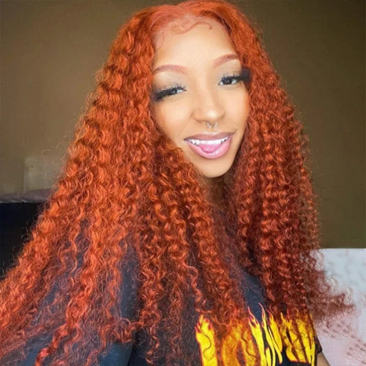Ali Synthetic Hair Copper Red Synthetic Hair Lace Front Wigs Glueless Long Curly Lace Wigs Natural Hairline Wig for Women